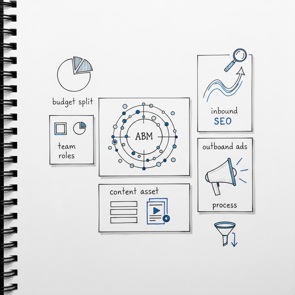 Close-up notebook-style sketch of modular planner cards (ABM, inbound SEO, outbound ad, content asset) illustrating B2B marketing strategies in Agency Visible brand colors.