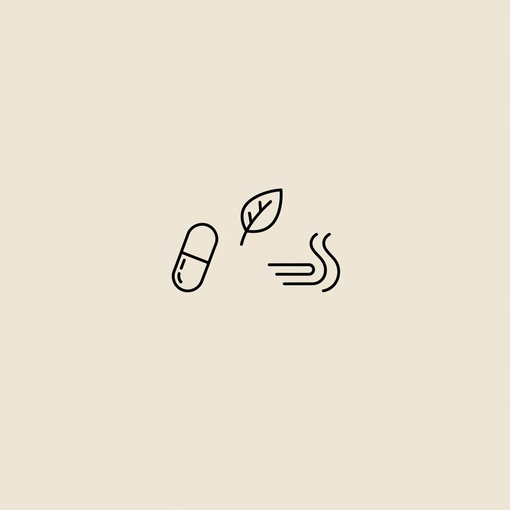 Minimal Tonum-style line illustration of a capsule, leaf, and breath wave on beige background representing signs of fat oxidation