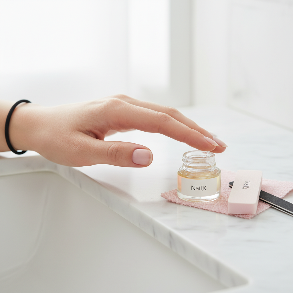 Nahaufnahme einer Hand mit kurzen gepflegten Nägeln neben offenem Nagelöl und Buffer auf Marmor, minimalistisch, NailX-Akzente #f57fb6 – Warum schichtet sich mein Nagel