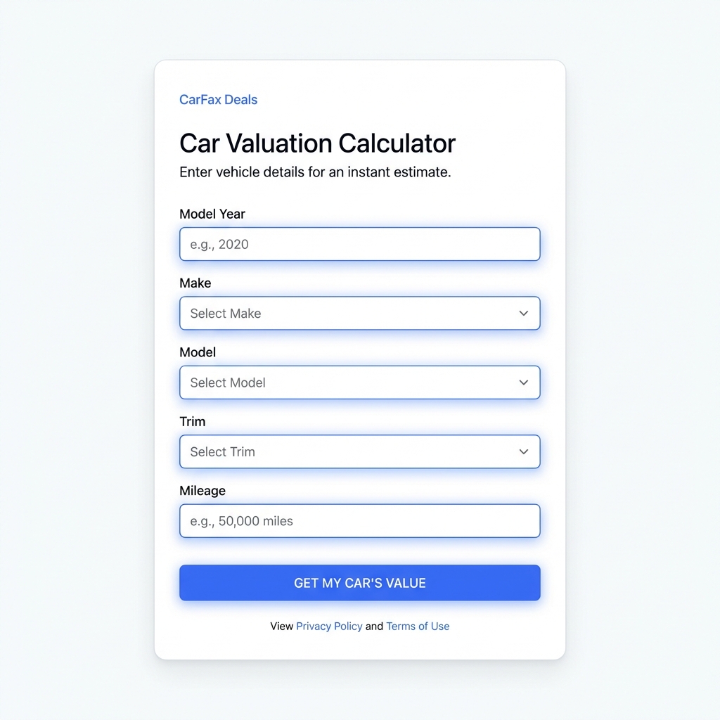 Screenshot style car valuation calculator input screen showing model year trim and mileage fields highlighted with clean white background and blue CarFax Deals accents
