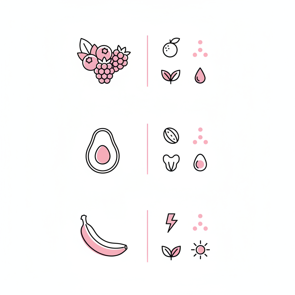 Vertikale Vektor-Infografik mit drei Icons (Beere, Avocado, Banane) und Vitamin-Piktogrammen (Zitrus für C, Nuss für E, Ei/Blatt für Biotin) – Obst für gesunde Nägel