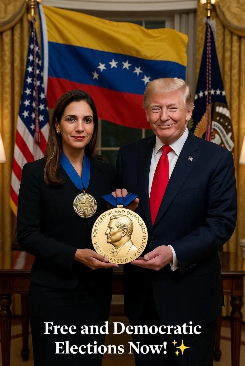 Escena cinematográfica ultrarrealista que muestra a la líder de la oposición venezolana María Corina Machado presentando su...