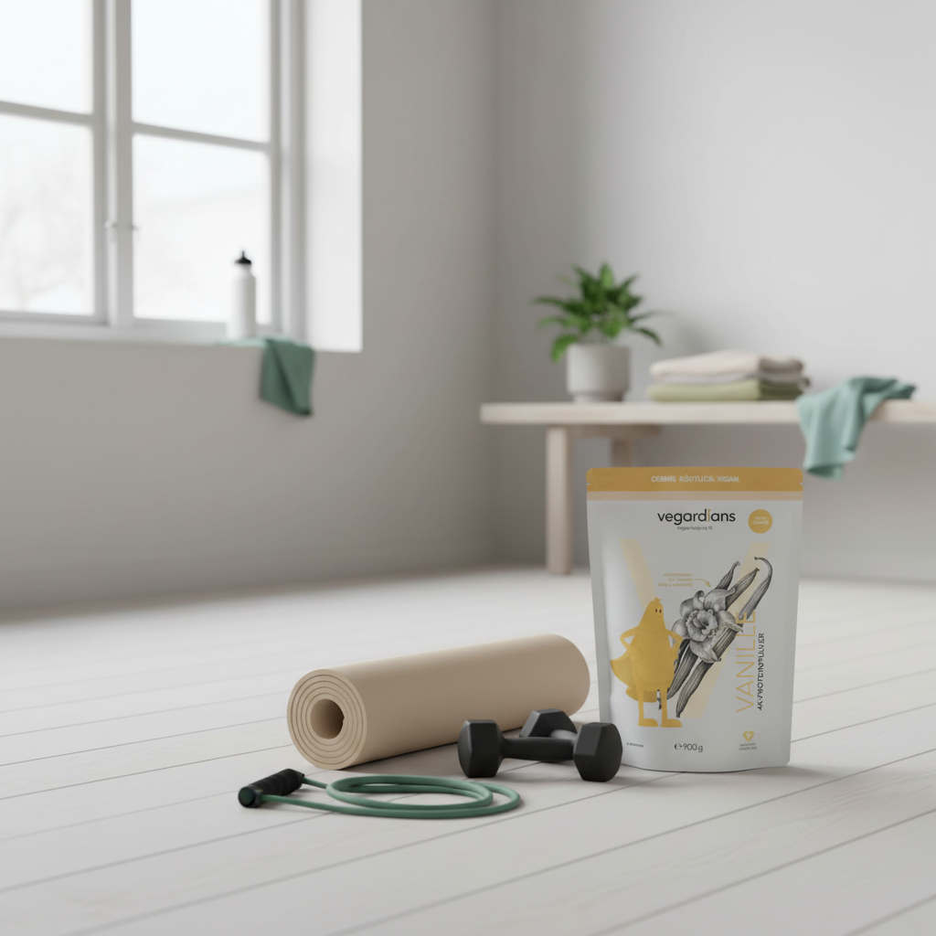 Minimalistische Home-Workout-Szene ohne Personen mit Yogamatte, Kurzhanteln, Widerstandsband und Vegardians-Produkt am Fenster im Winterlicht – Fettverbrennung beim Sport