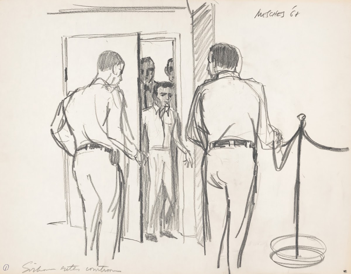 Sirhan B Sirhan entering a courtroom possibly for arraignment for the assassinat
