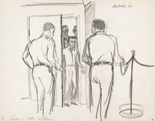 Sirhan B Sirhan entering a courtroom possibly for arraignment for the assassinat
