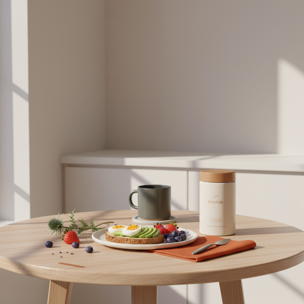 Motus bottle on round wooden table in bright kitchen beside a balanced breakfast plate with milk thistle and berries, natural light — lose 50 pounds in 3 months