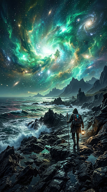 Lone Traveler on Alien Ocean Shore Under Swirling Cosmic Sky - Free mobile Wallpaper