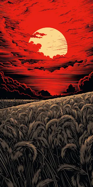 Wheat Field, Sunset, Red Sky, Illustration 2K iPhone Wallpaper Background
