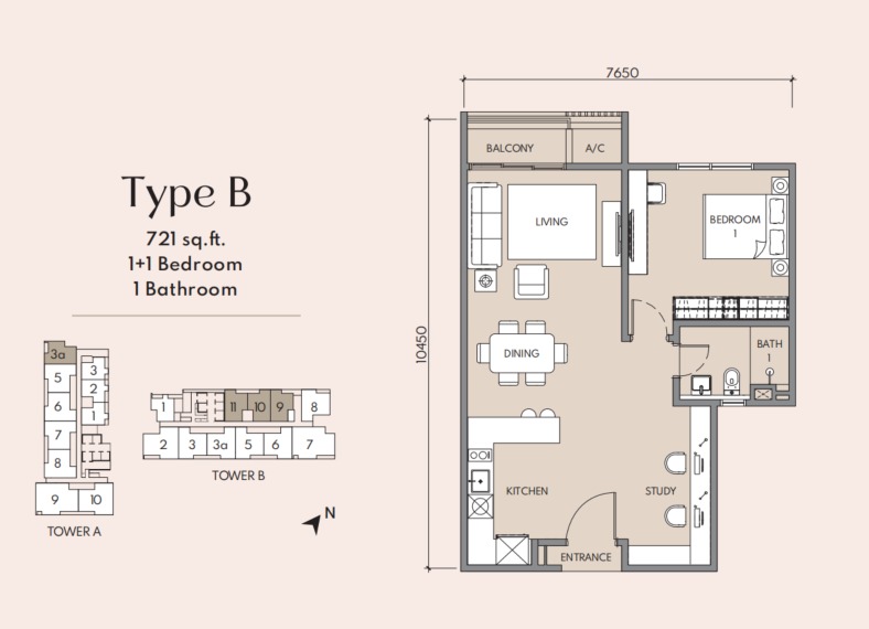 Luminar Residence (Federal Avenue) Type B floor plan — 885 sq ft, 3 bedrooms