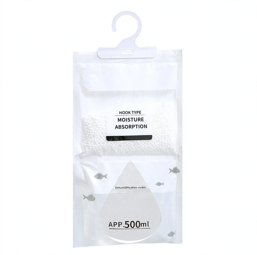 Hanging dehumidifying bag for moisture regulation
