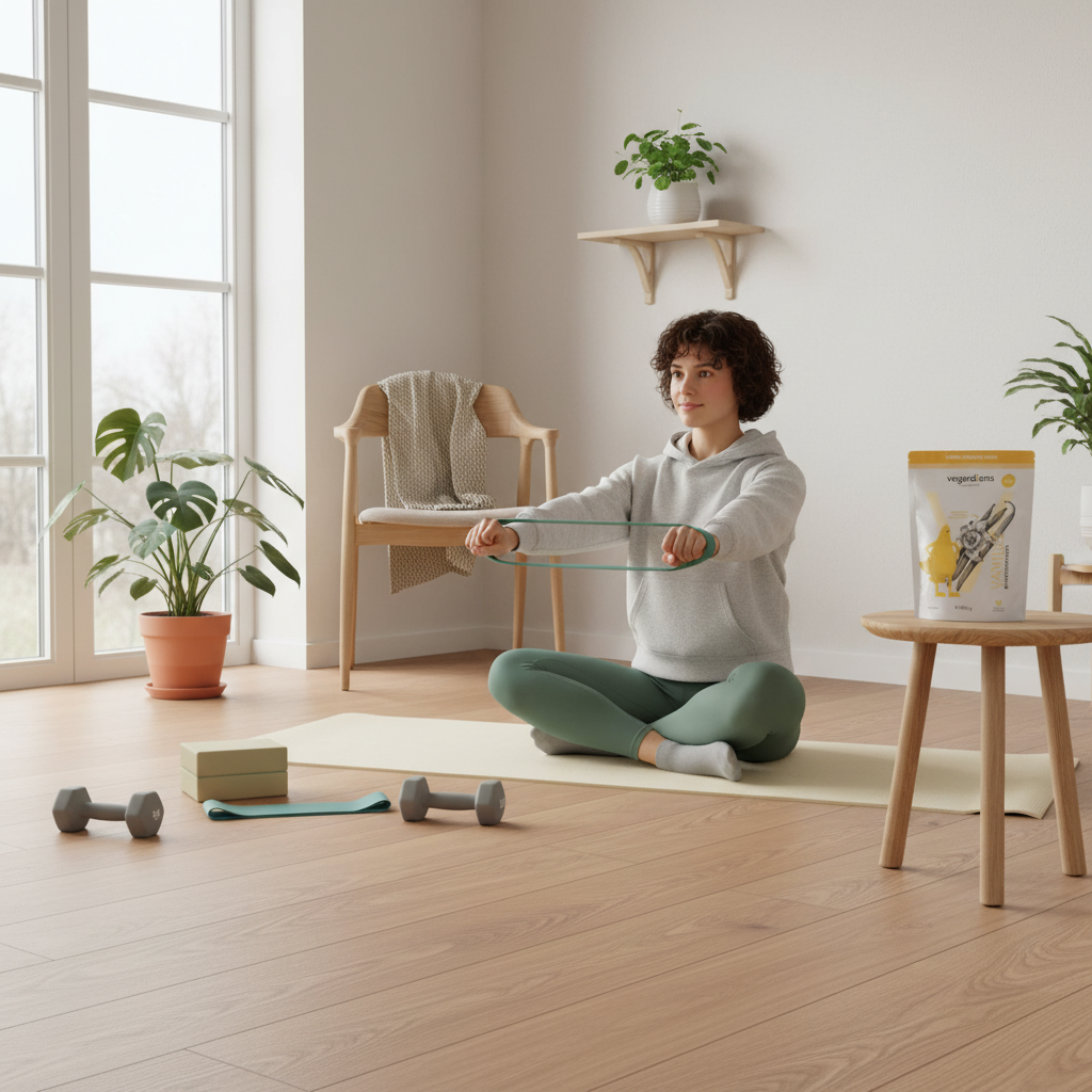 Minimalistisches skandinavisches Home‑Workout mit Yogamatte, Pflanzen und Holzfußboden, dezent platziertes Produkt aus Referenzfotos, vegane Ästhetik, pflanzliche lebensmittel.