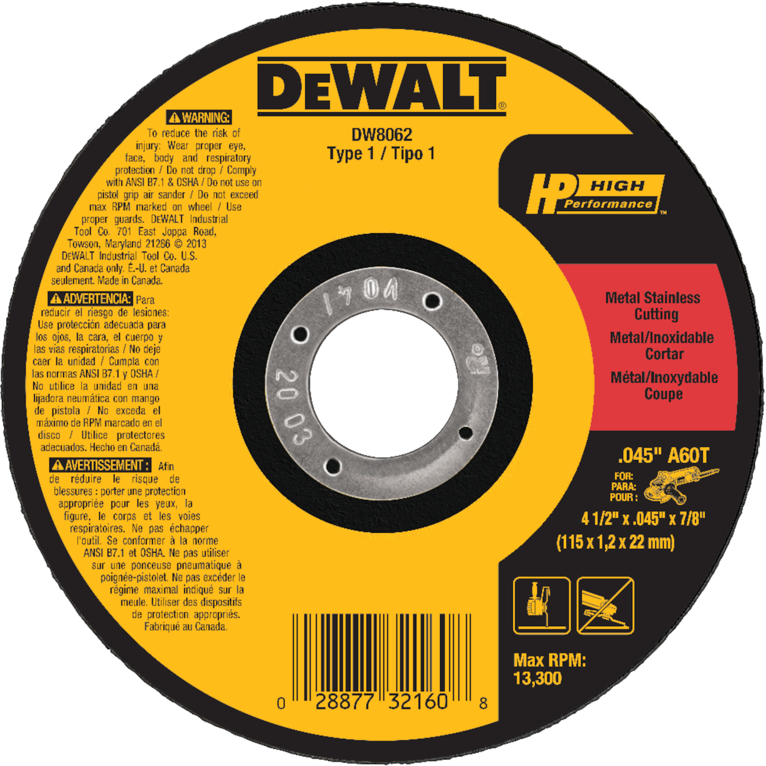 DeWalt 4-1/2 in. Metal Cut-Off Wheel (DW8062)