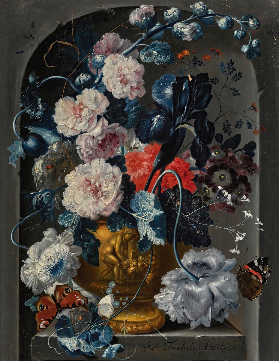 Still life with carnations roses hollyhocks andother flowers in a sculpted bronz