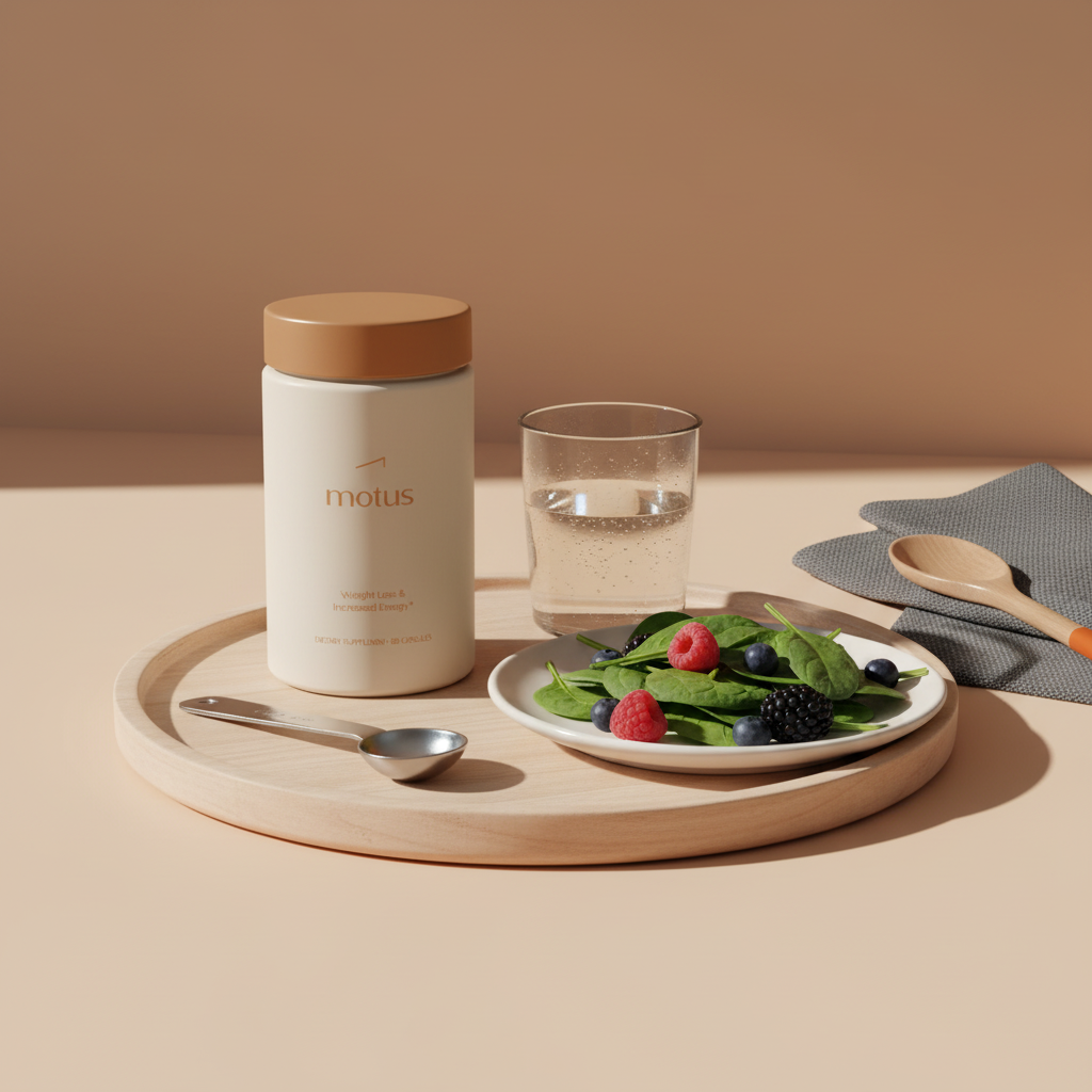 Tonum Motus jar on a wooden tray with measuring spoon, spinach, berries and a glass of water in a minimalist kitchen, illustrating fat burning supplements.