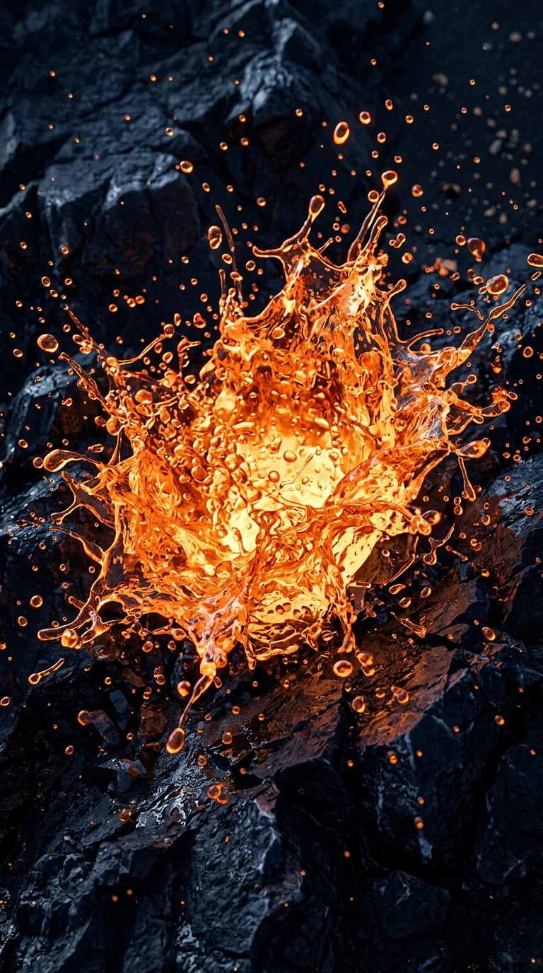 Molten Orange Lava Splashing Against Dark Blue Crystalline Formations - Free 4K mobile Wallpaper