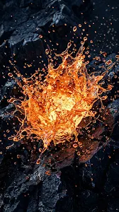 Molten Orange Lava Splashing Against Dark Blue Crystalline Formations