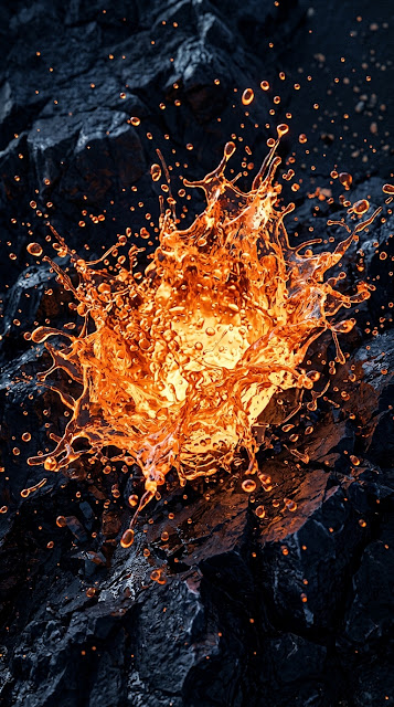 Molten Orange Lava Splashing Against Dark Blue Crystalline Formations - Free mobile Wallpaper
