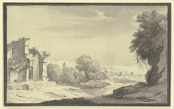 Landschaft mit einer Ruine links im Vordergrund 1744