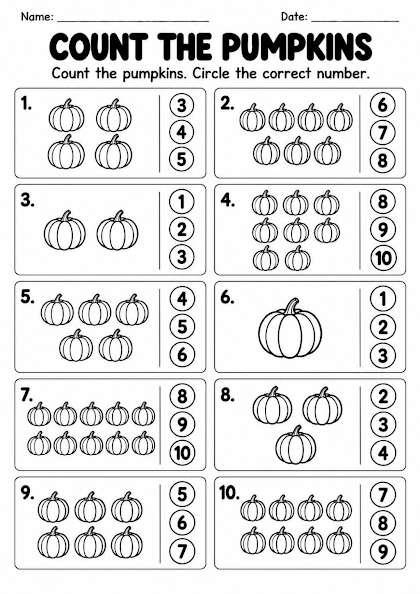 Count the Pumpkins to 10 Worksheet