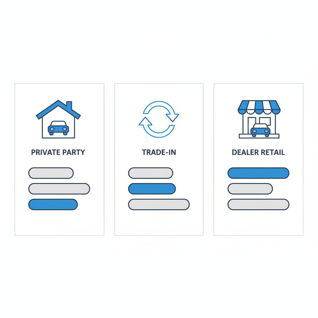 Minimalist 2D vector side by side comparison of three price ranges private party trade in dealer retail in CarFax Deals style with kelley blue book used cars