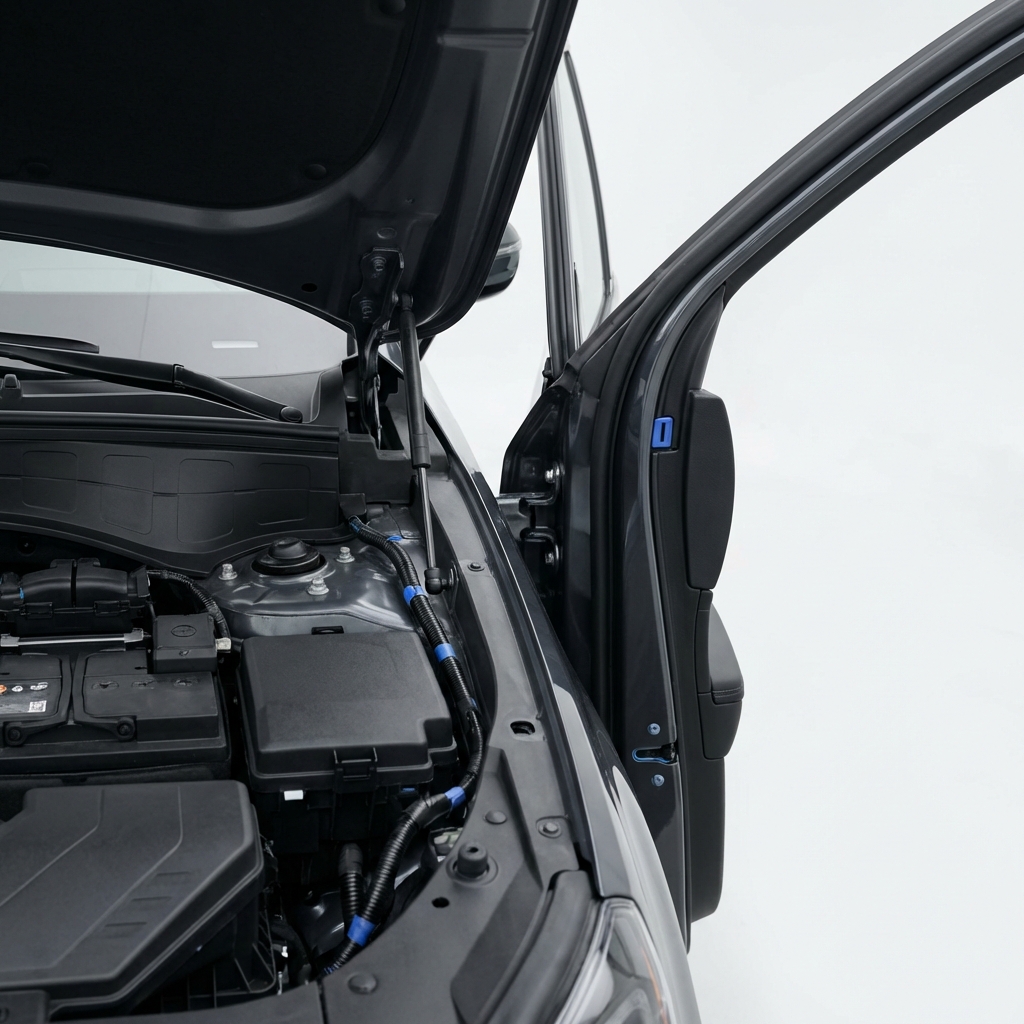 Close up of Kia Telluride engine compartment and door belt molding showing inspected components with even lighting Kia Telluride for sale CarFax Deals style