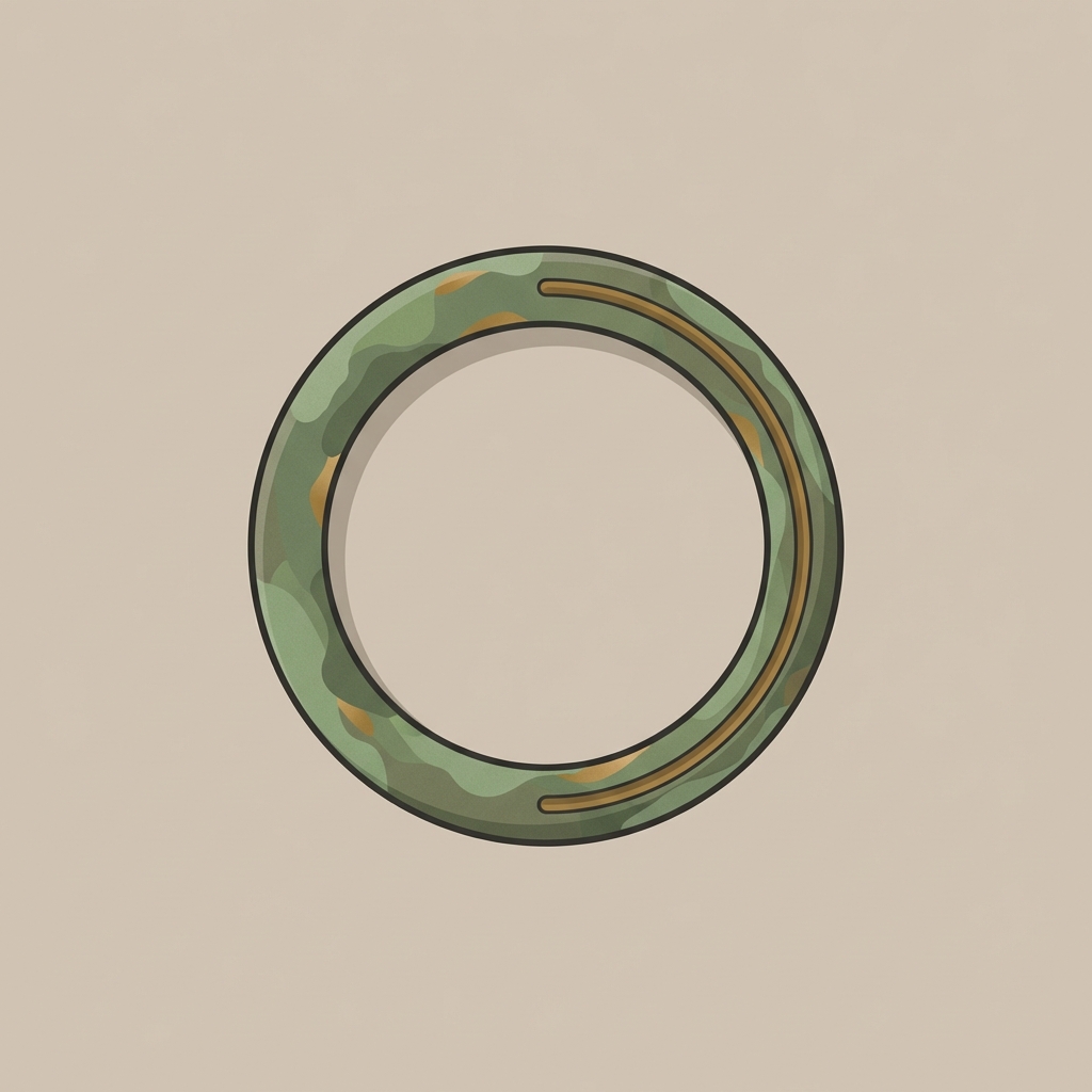 Minimalist 2D vector of an authentic ancient roman ring interior showing corroded bronze casting seam and heterogeneous green patina on a beige background ede7da