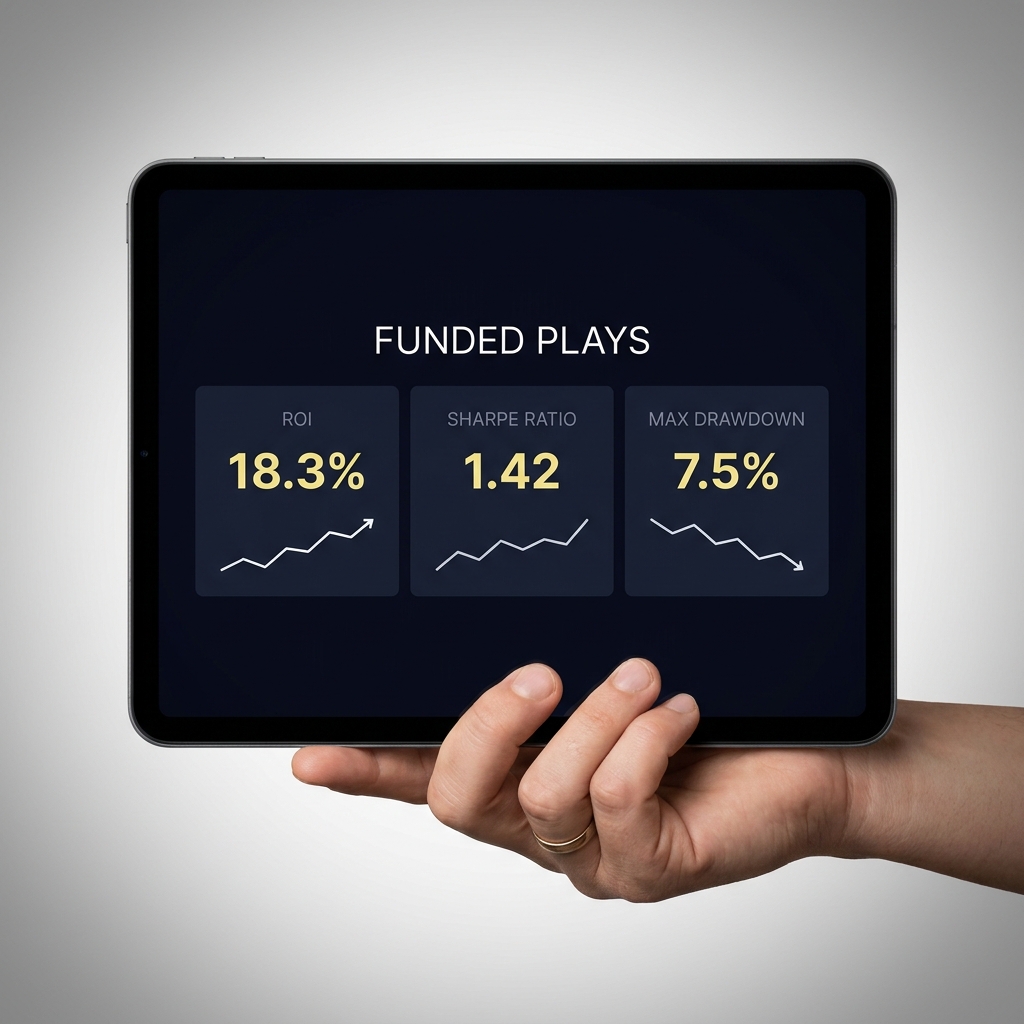 Close up tablet showing a digital scorecard with ROI Sharpe ratio and max drawdown on a clean Funded Plays style interface How Sports Trading Platforms Evaluate Performance