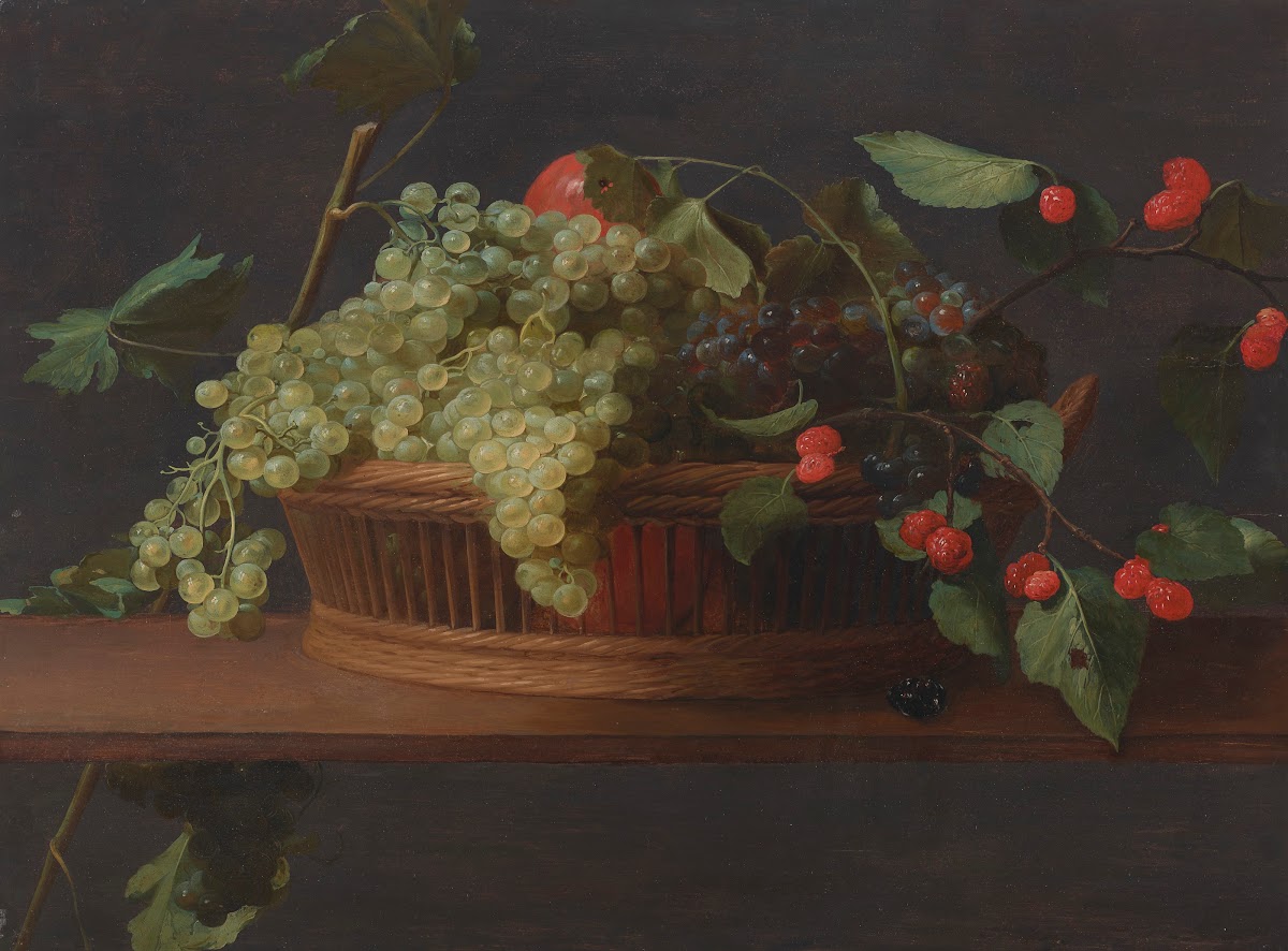 A basket of grapes and raspberries on a ledge oil on panel