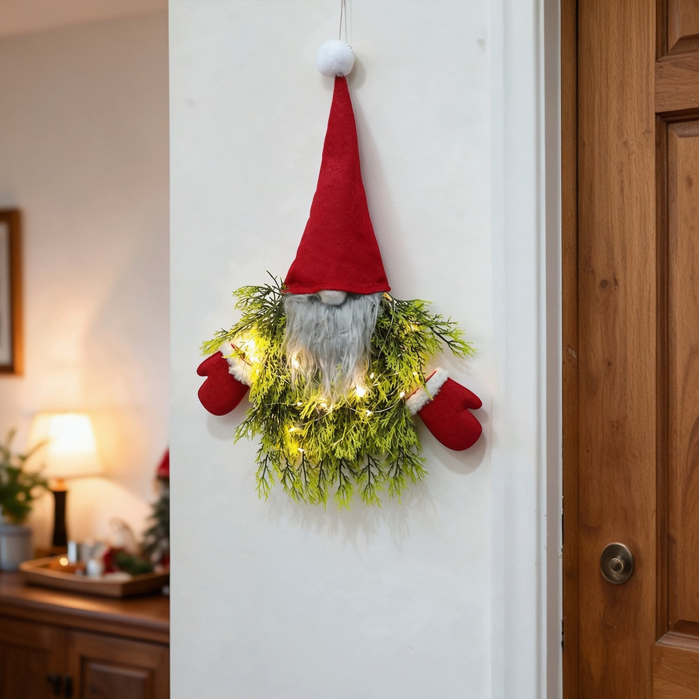Illuminated Christmas Wreath with Gnome Motif
