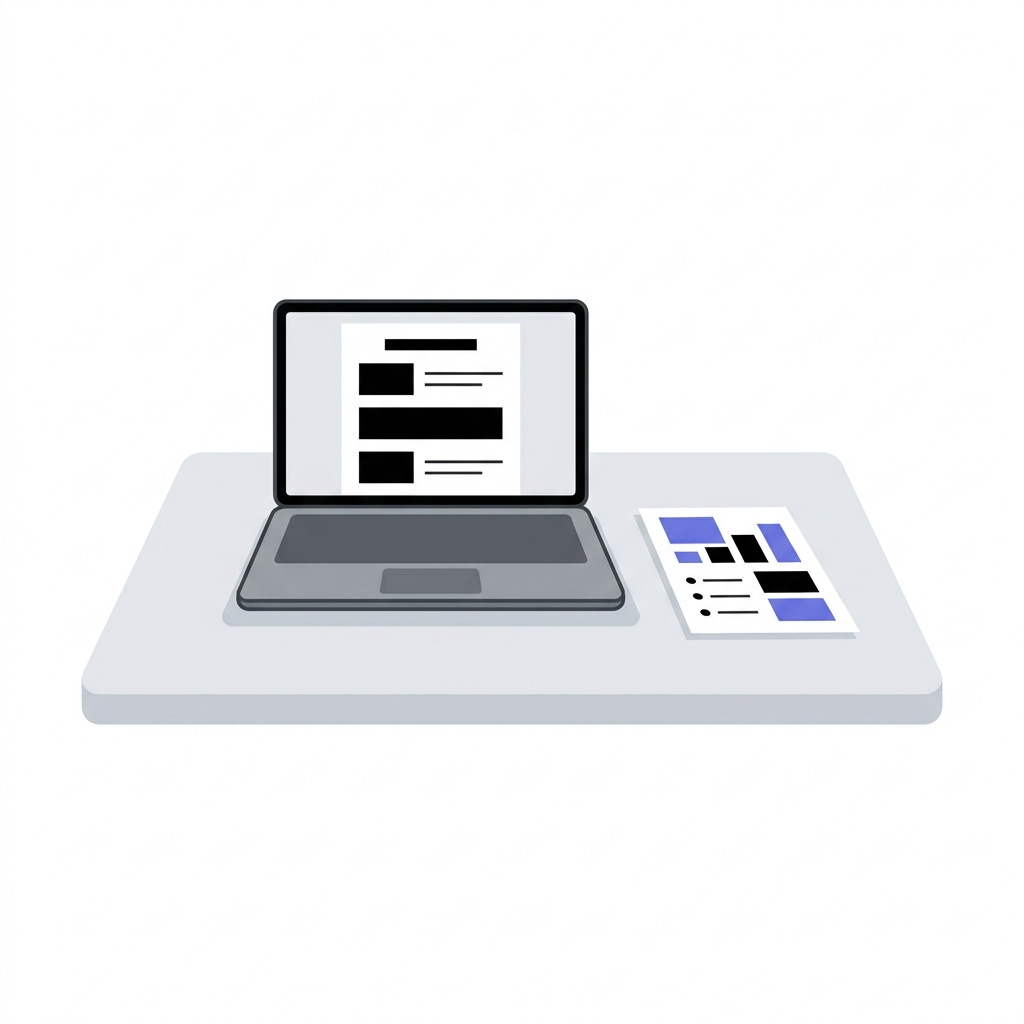 Minimalist 2D vector workspace with laptop and printout suggesting a researcher reviewing a systematic review about bpc 157 peptide in clean Peptide World brand colors