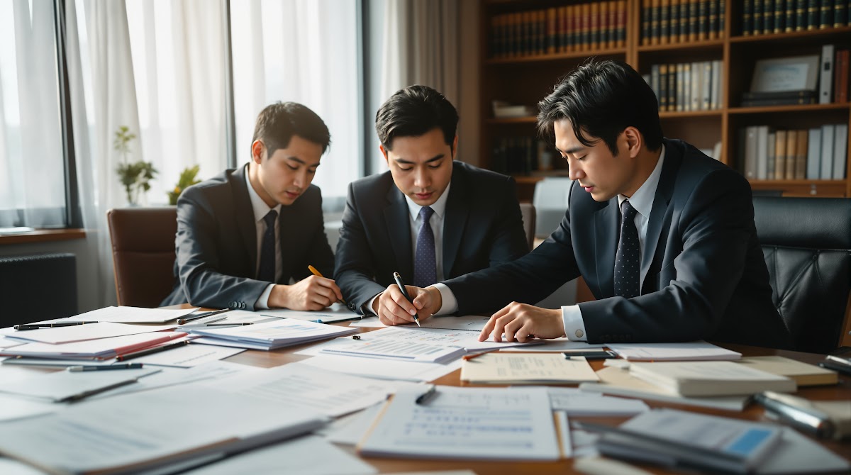 법률사무소 내에서 변호사와 국가유공자가 성공 사례를 기반으로 국가유공자 행정소송 전략을 설계하고 있는 장면, 다양한 증거자료와 판례 분석 자료가 테이블 위에 놓여 있음