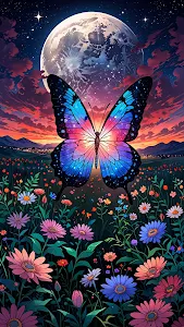 Celestial Butterfly Over Sunset Meadow and Giant Moon Art
