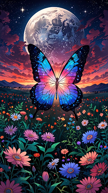 Celestial Butterfly Over Sunset Meadow and Giant Moon Art - Free mobile Wallpaper