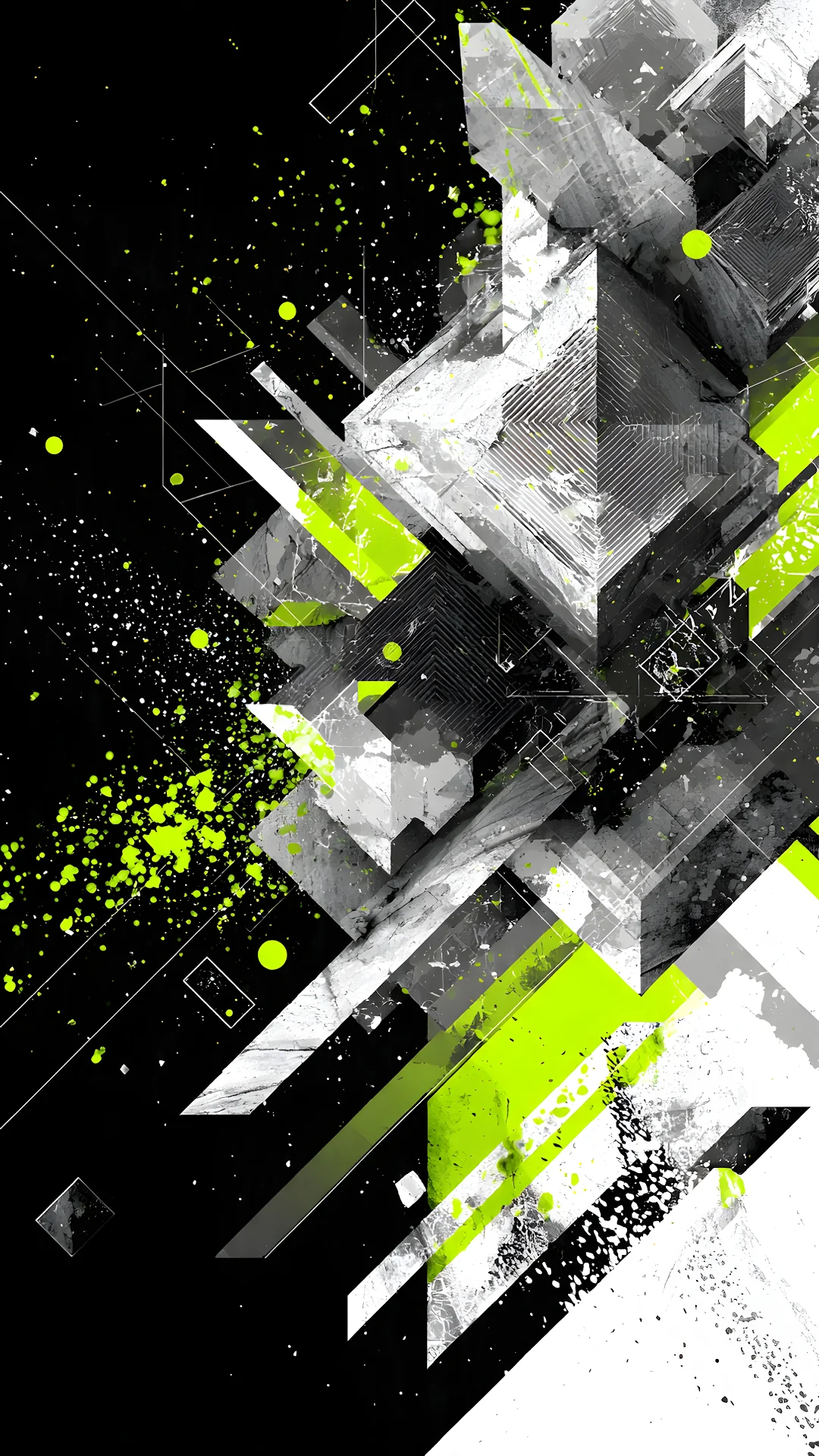 Abstract Neon Green Geometric Grunge Splatter Design - Free 4K mobile Wallpaper