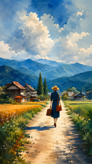 Back view of woman in straw hat and blue dress carrying suitcase along dirt road toward rural village and mountains.