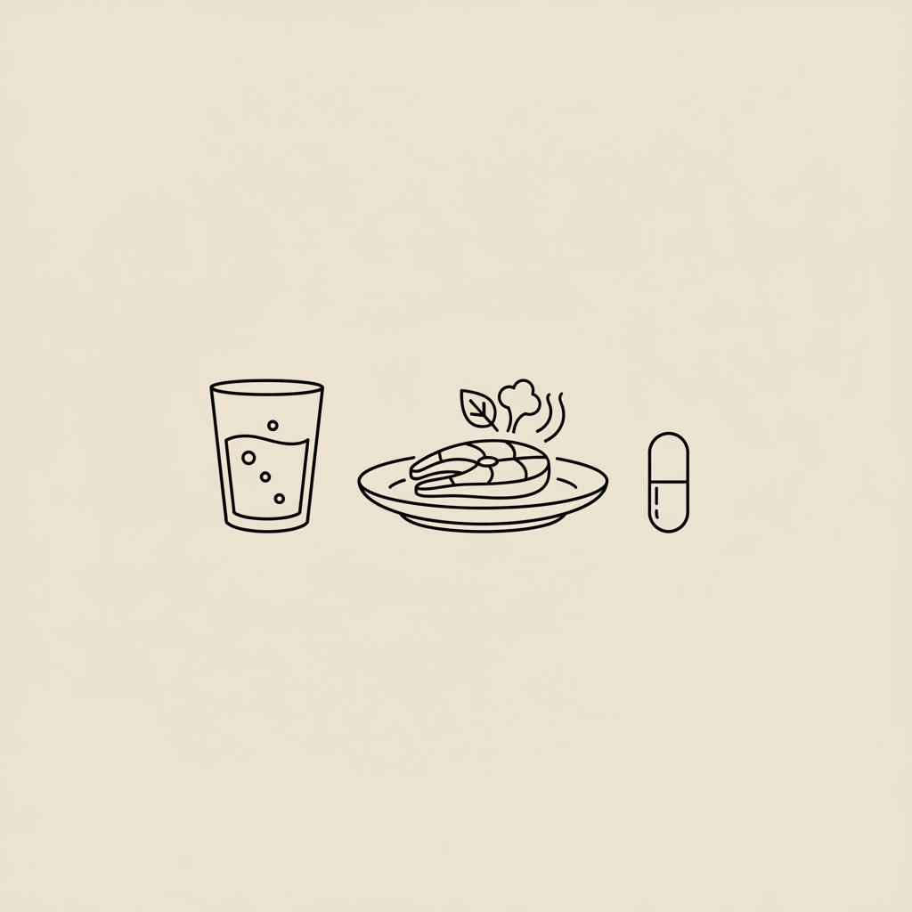 Minimalist line illustration of a water glass, plate with fish and vegetables, and a capsule on a beige background, representing a natural appetite suppressant.