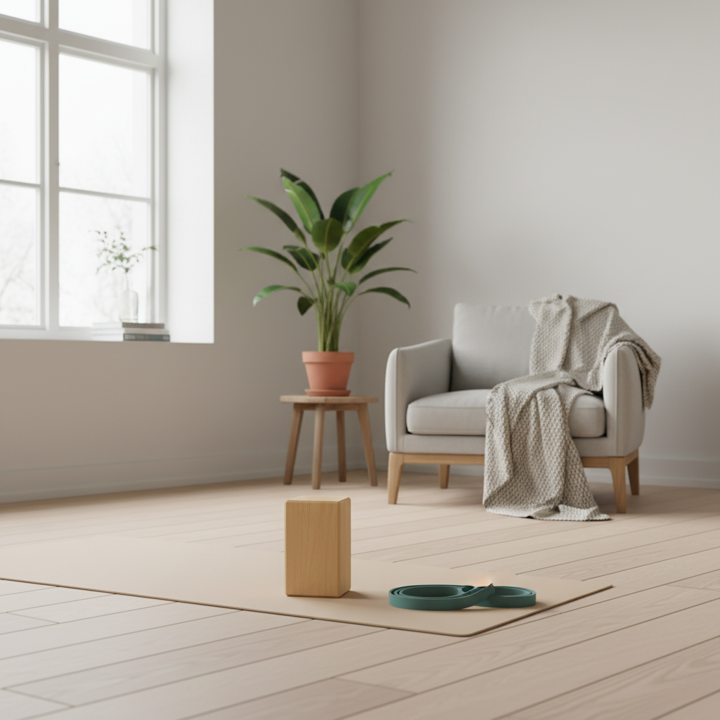 Welche Übungen sind die besten für Zuhause? Minimalistische Heimtrainingsszene mit Yogamatte, Widerstandsband und handgefertigtem Holzklotz in hellem, skandinavischem Wohnzimmer.