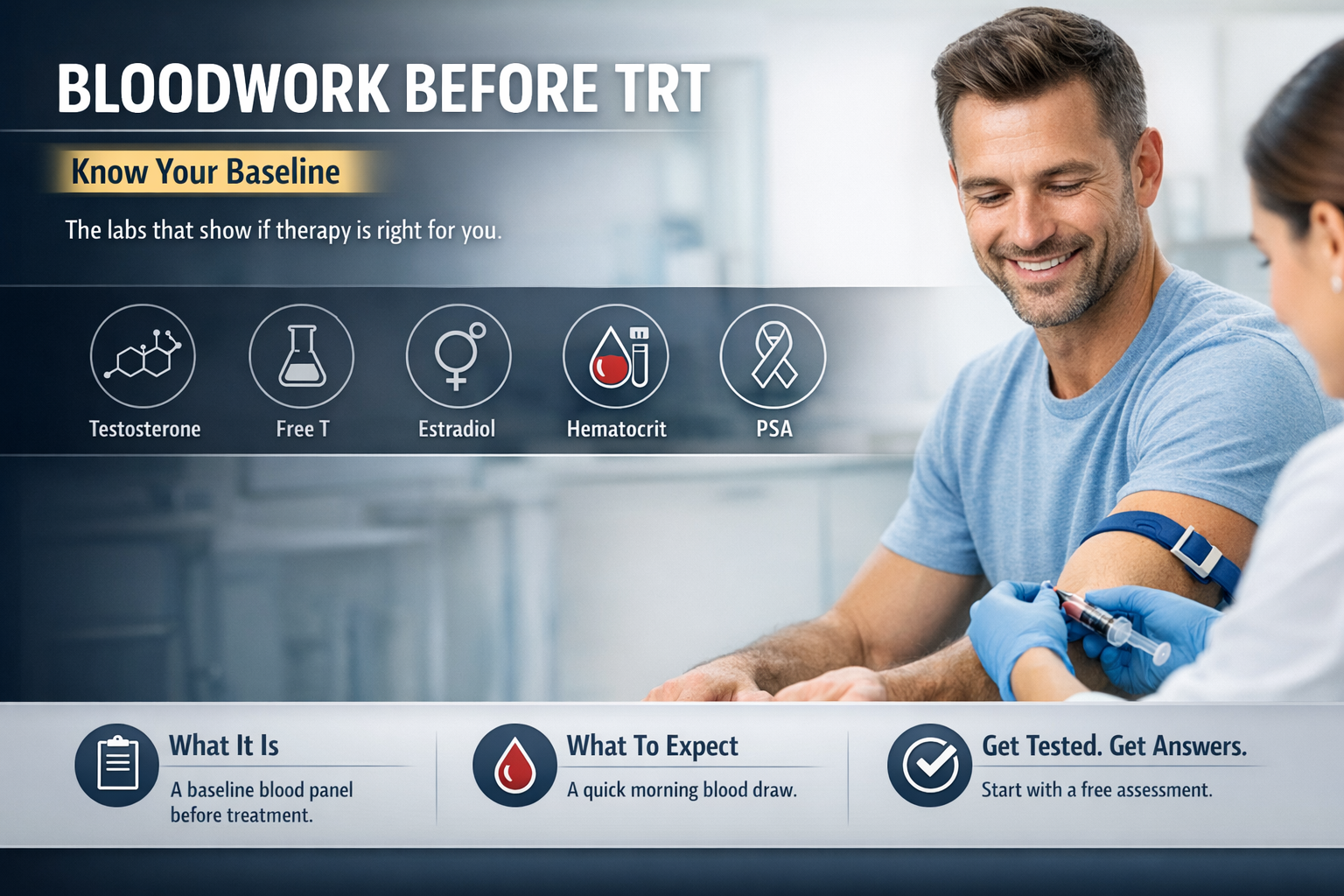 What Bloodwork Do You Need Before Starting TRT? AZ Guide — AZTRT Arizona TRT clinic blog cover showing a man having a routine blood draw with baseline lab icons