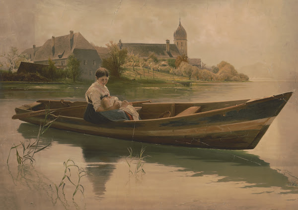 Woman holding infant in rowboat 1897