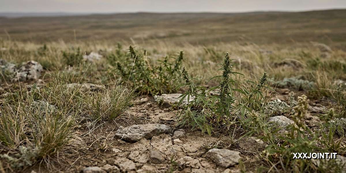 Piante di cannabis ruderalis selvatiche su paesaggio tipico dell’Asia centrale