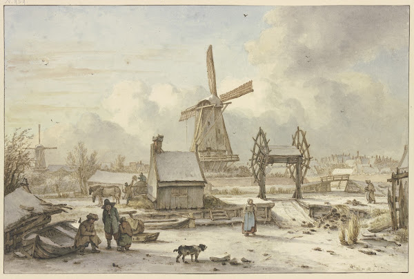 Winterlandschaft mit Schiffhebewerk und Windmühle