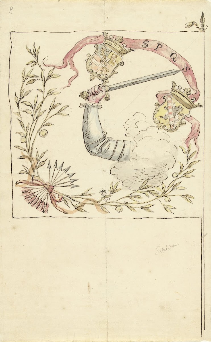 Ontwerp voor een banier met de wapens van Prins Willem I en Schiedam 1677   1755
