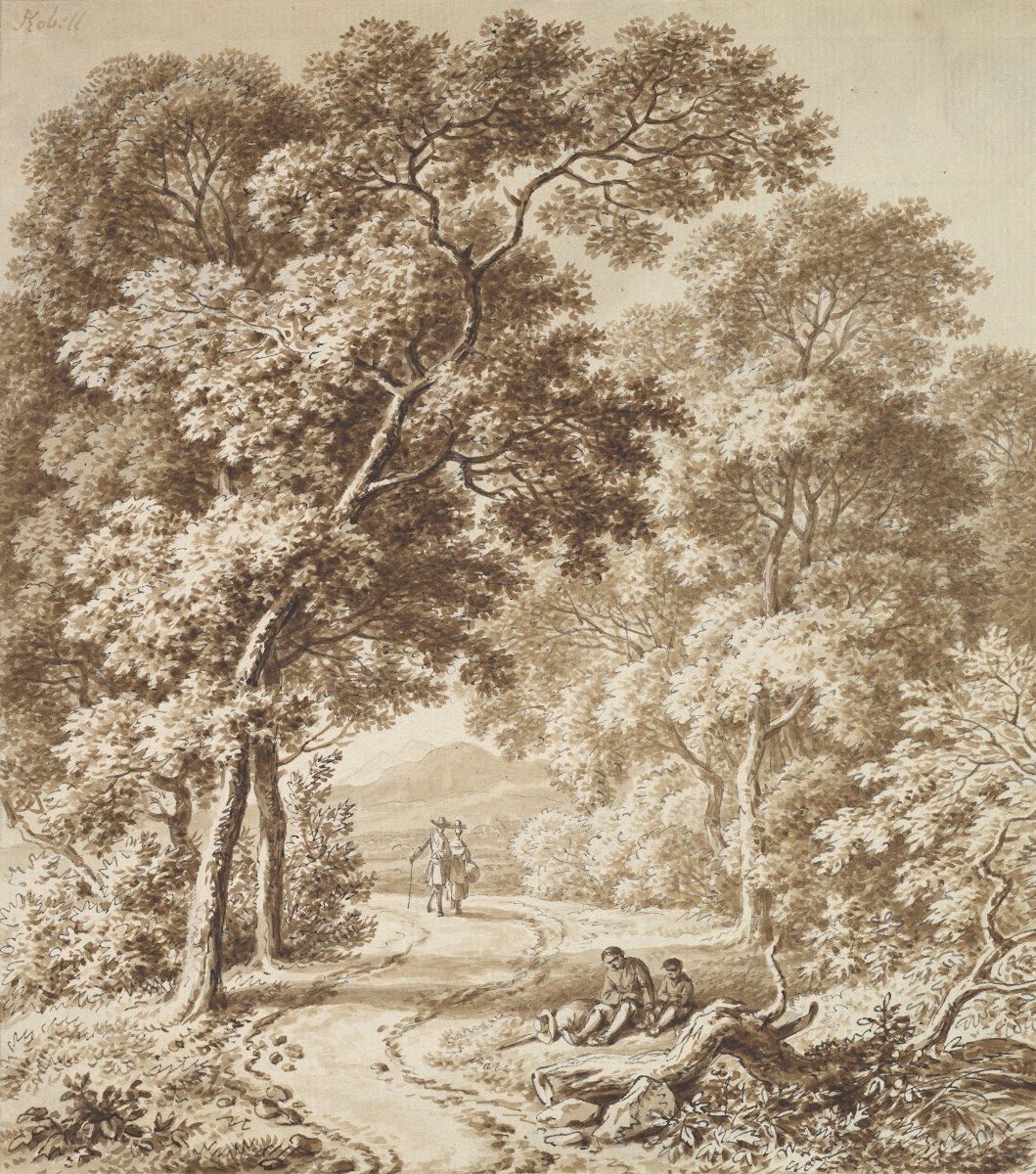A Path Bordered by Trees with two Beggars and a Couple Strolling late 18th centu