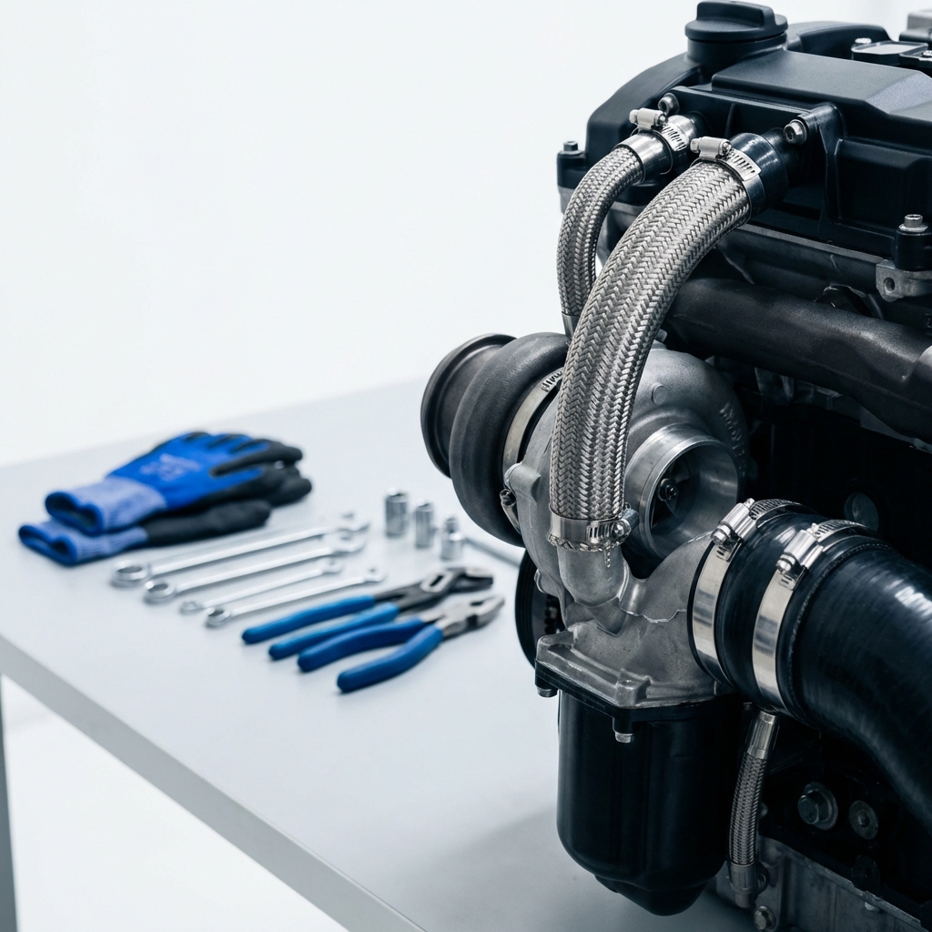 Close up of BMW M4 turbocharger and braided coolant hoses with technician tools on clean white background detailed realistic photo bmw m4 for sale