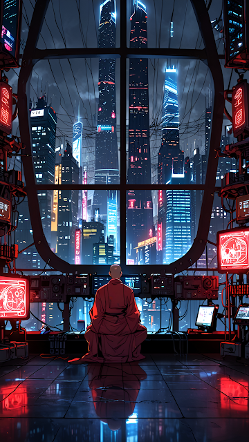 Cyberpunk Monk Meditating Over Neon City Skyline - Free mobile Wallpaper