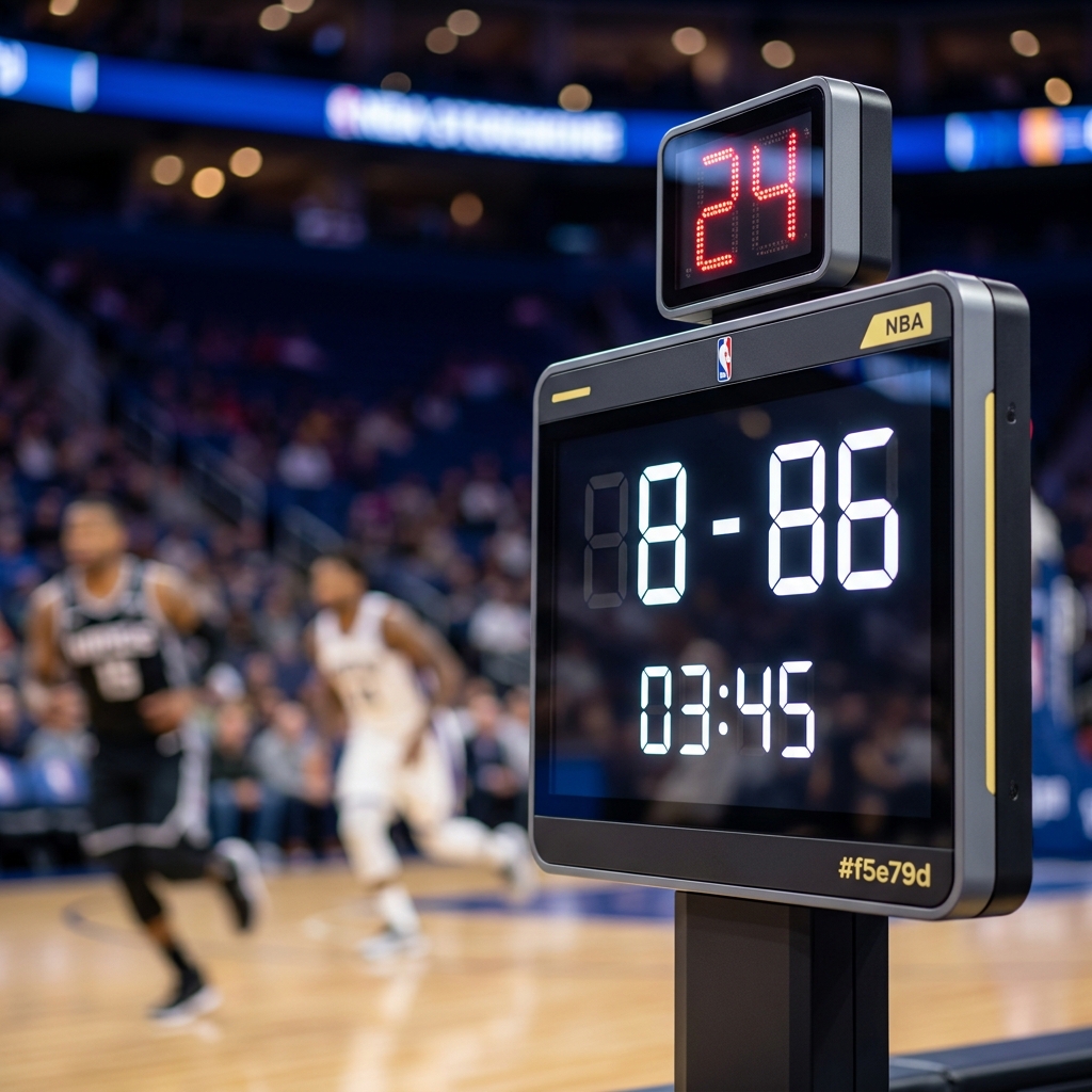 Close up scoreboard and shot clock in an NBA arena with blurred players in motion emphasizing game context for Evaluating NBA Home Court Advantage