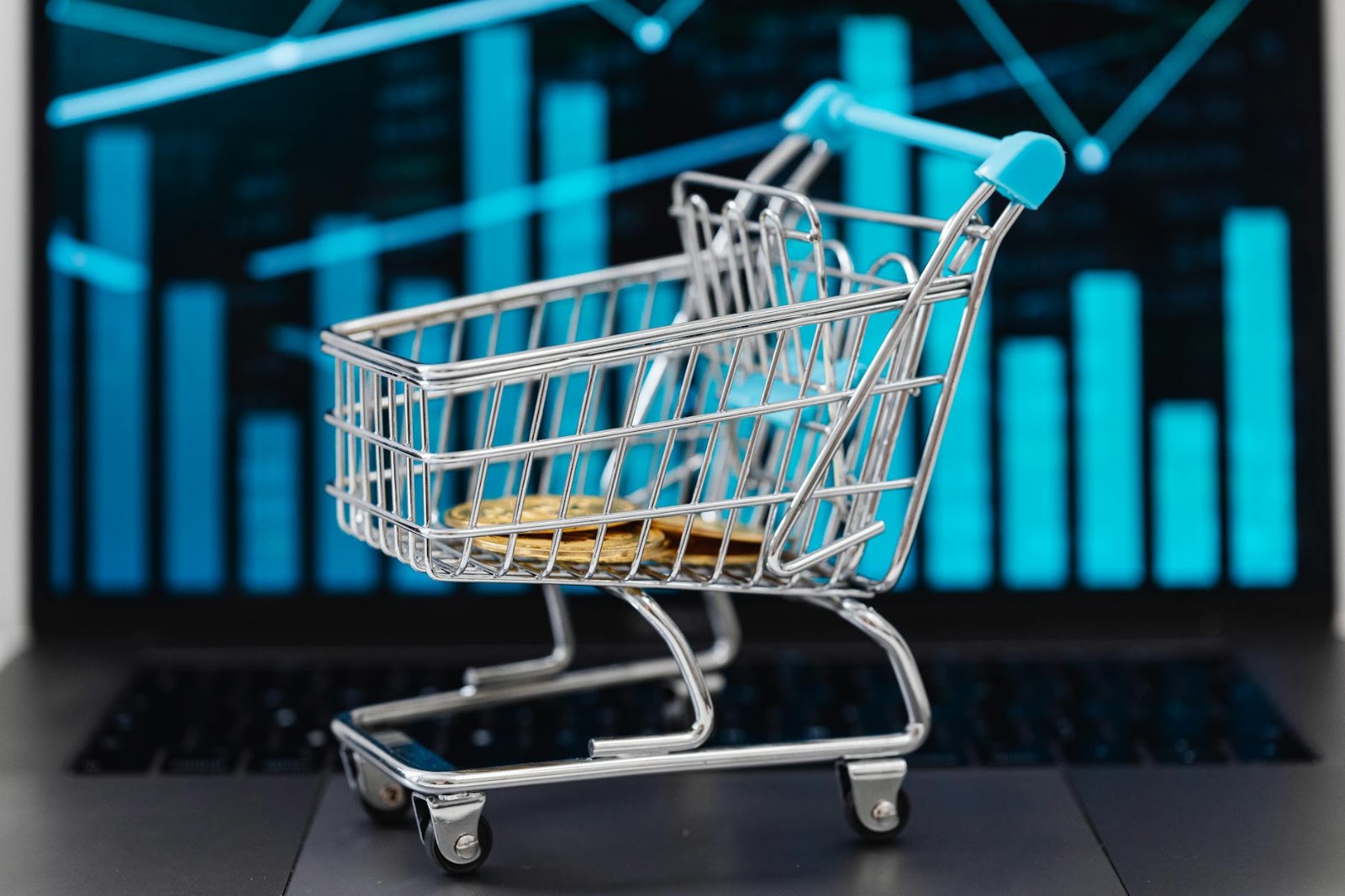 Upward market trend graph with shopping cart overlay, symbolizing growth in live social shopping trends