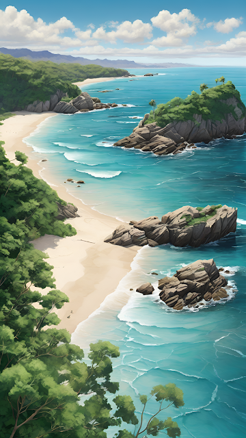 Lush Tropical Island Cove Painting Turquoise Ocean View - Free mobile Wallpaper