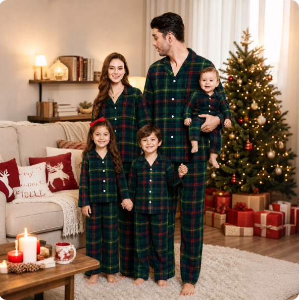 Family Pajama Set, checked, with shawl collar