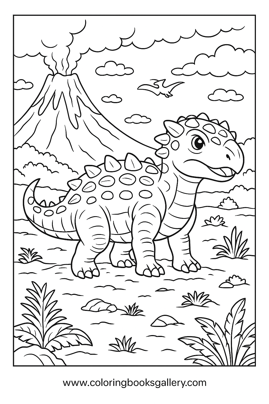 Realistic Euoplocephalus Under The Volcano Sky Coloring Page For Kids – free coloring page for kids